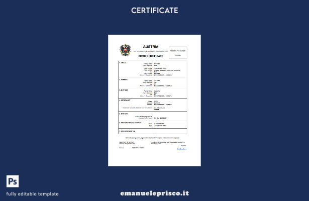 stile verificato Certificato di nascita dello stato di stato austriaco Modello W